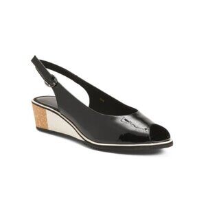 VANELI Black Leather Baise Open Toe Slingback Wedges